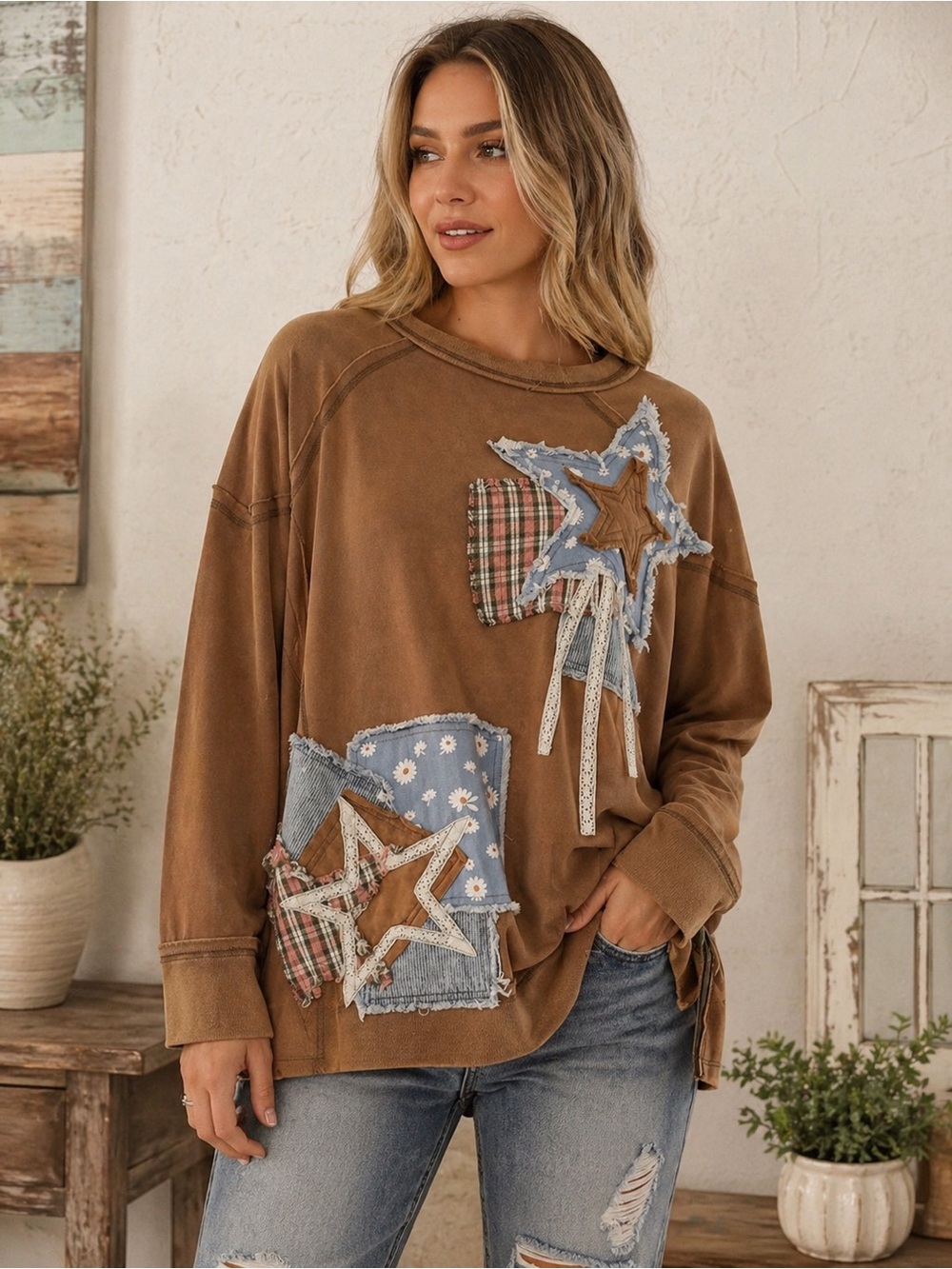 Blue Velvet Brown Oversized Patchwork Star Top Zip Detail Boho Chic S-XL